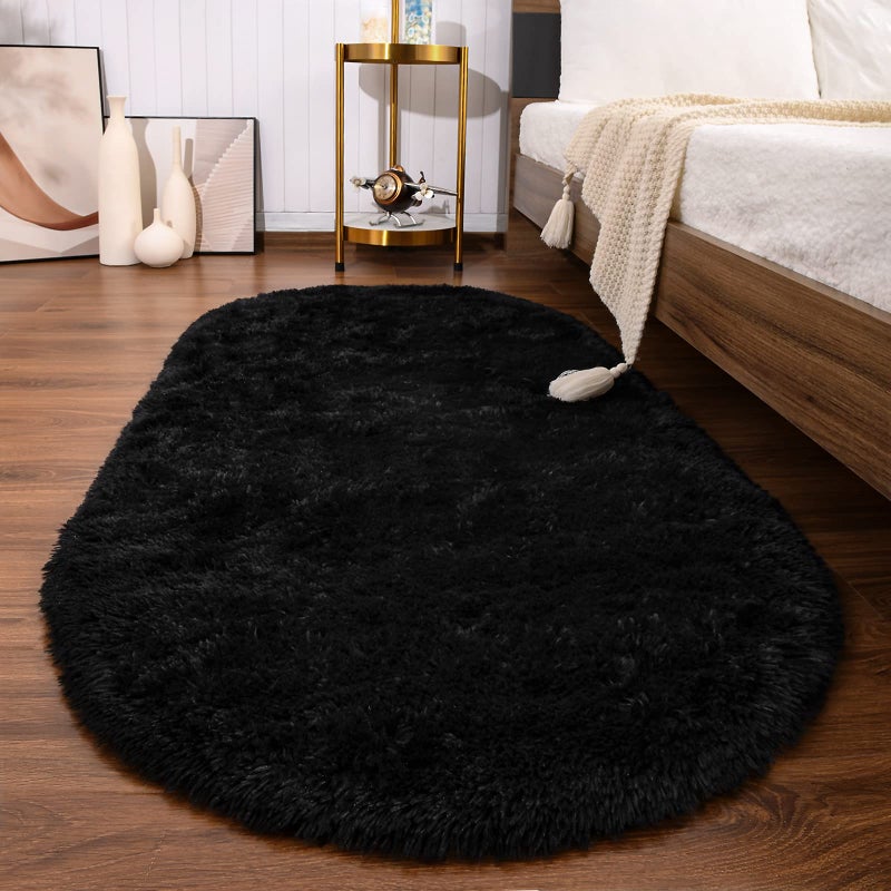 Softlife Fluffy Rugs for Bedroom, Shag Cute Area Rug for Girls and Kids Baby Room Home Decor, 2.6 x 5.3 Feet Oval Indoor Carpet for Nursery Dorm Living Room, Black - Image 1